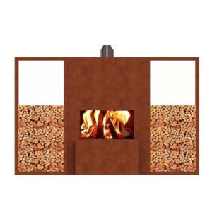 Corten Steel Outdoor Fireplace with Separate Wood Storage